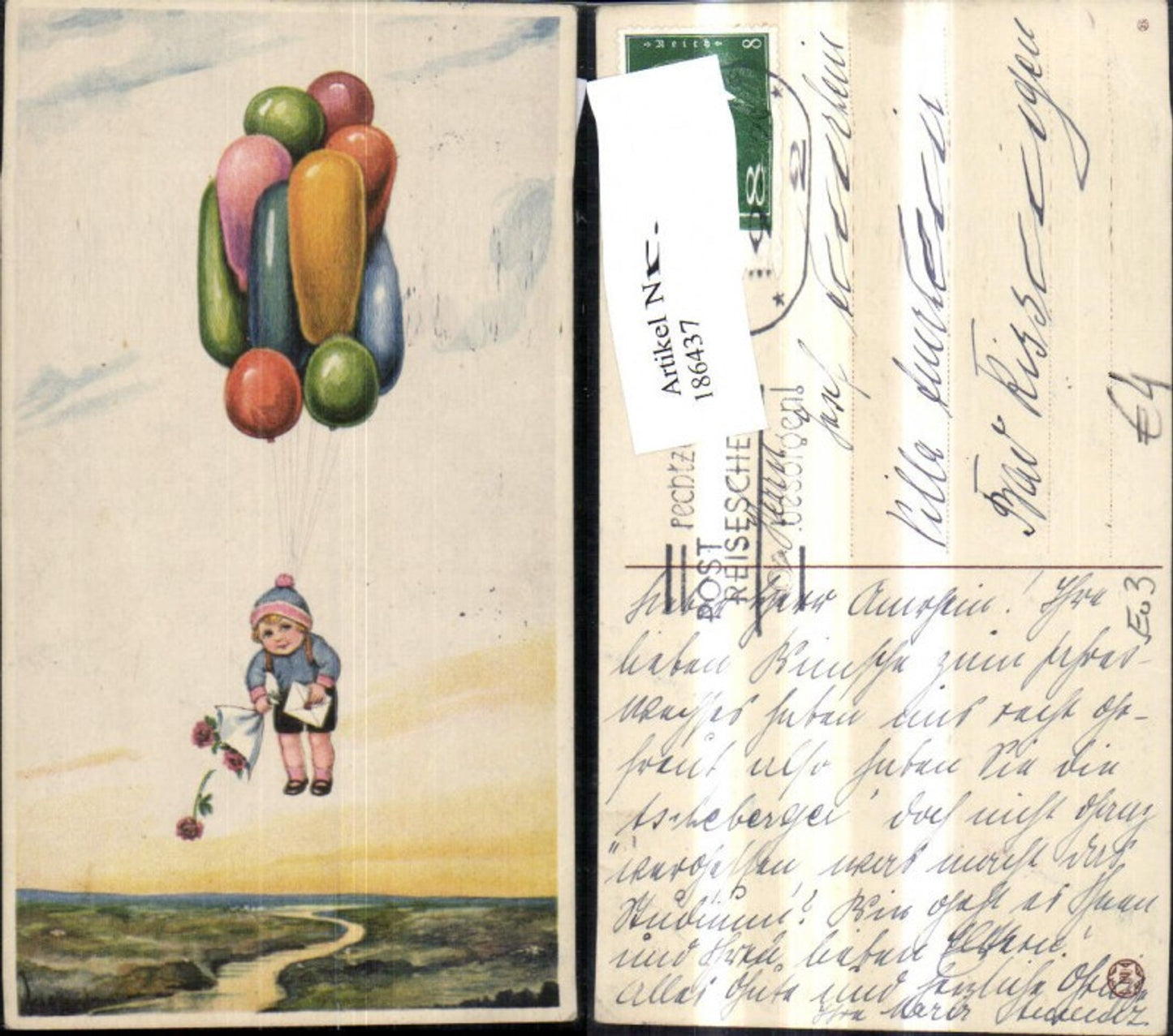186437,Kind Junge fliegt m. Ballons Brief Blumen