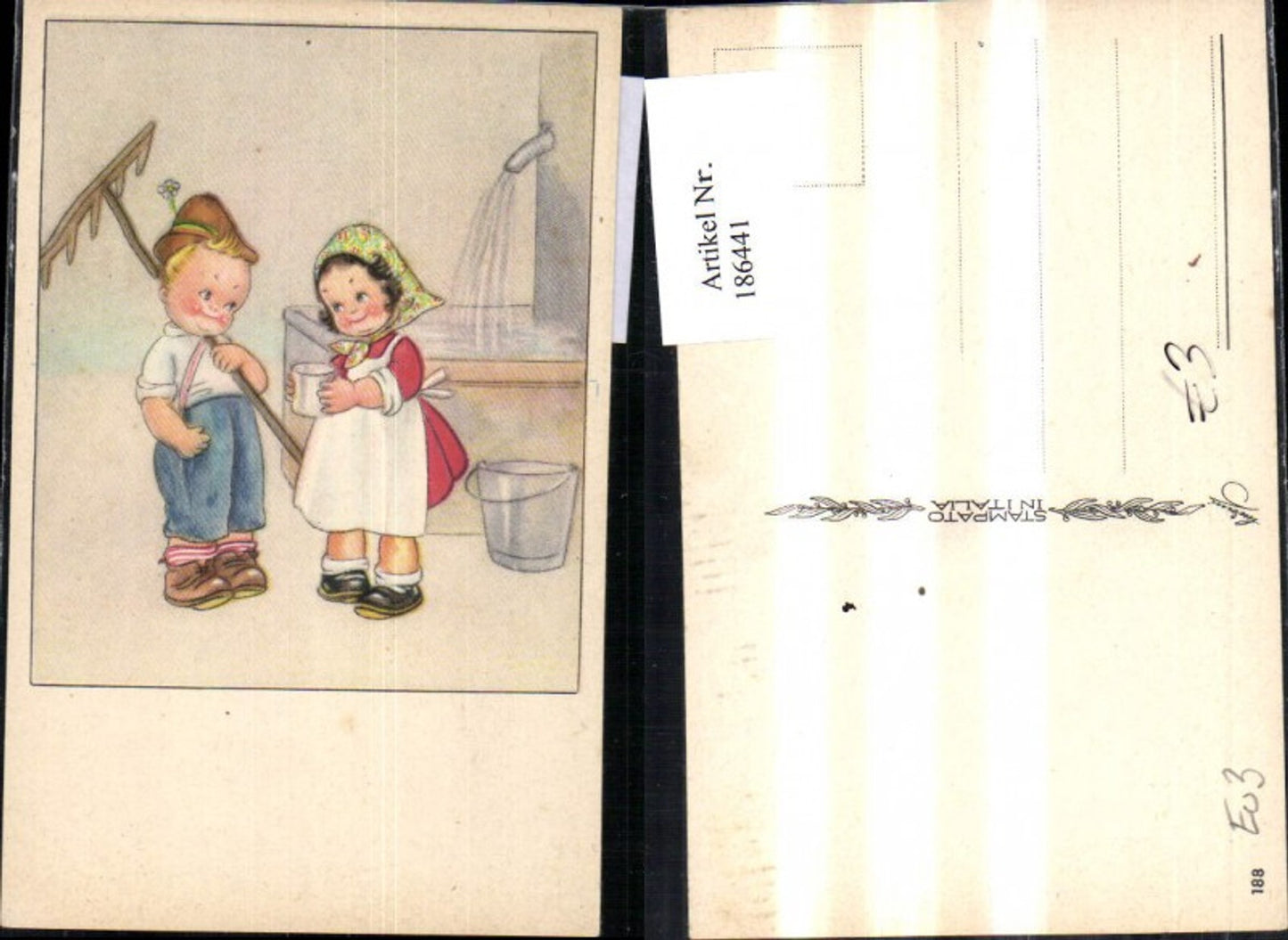 186441,Kind Kinder b. Brunnen m. Rechen Eimer