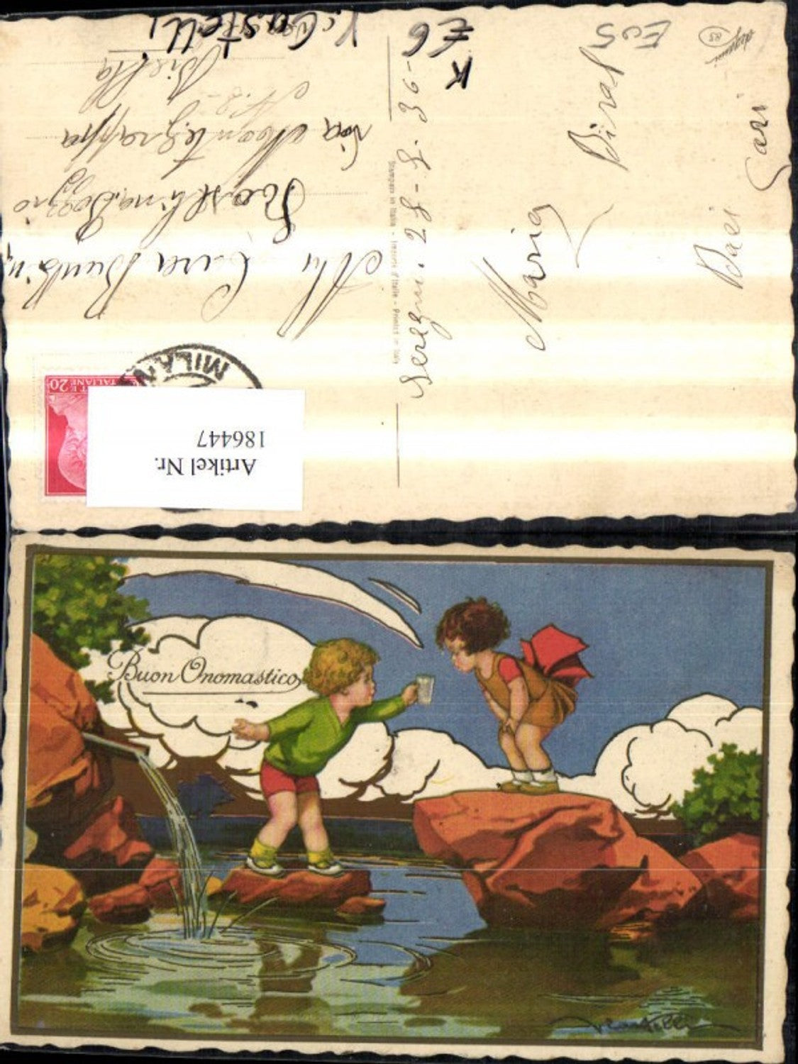 186447,Künstler Ak V. Castelli Kinder a. Steinen i. Teich b. Trinken Boun Onomatico