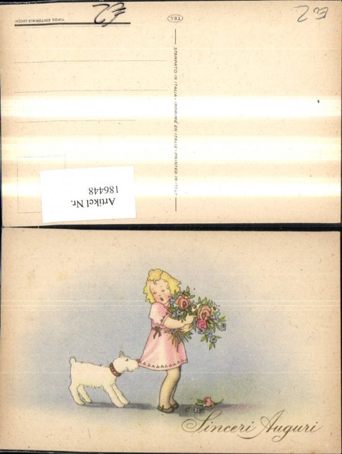 186448, Child girl with dog, flowers, Sincerely, Auguri