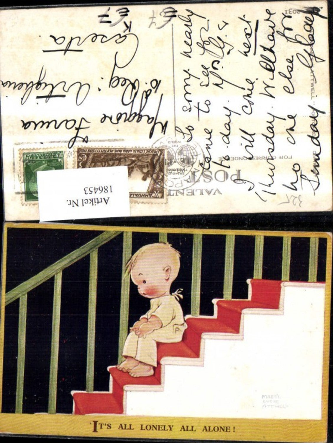 186453,Künstler Ak Mabel Lucie Attwell Kind Junge a. Stufen sitzend Its all lonely all alone