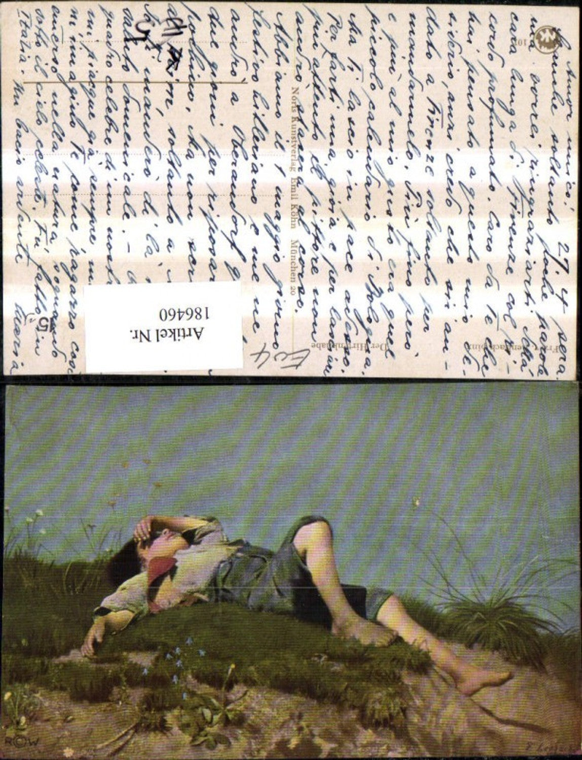 186460,Künstler Ak F. Lenbach Kind Junge liegt a. Düne Strand