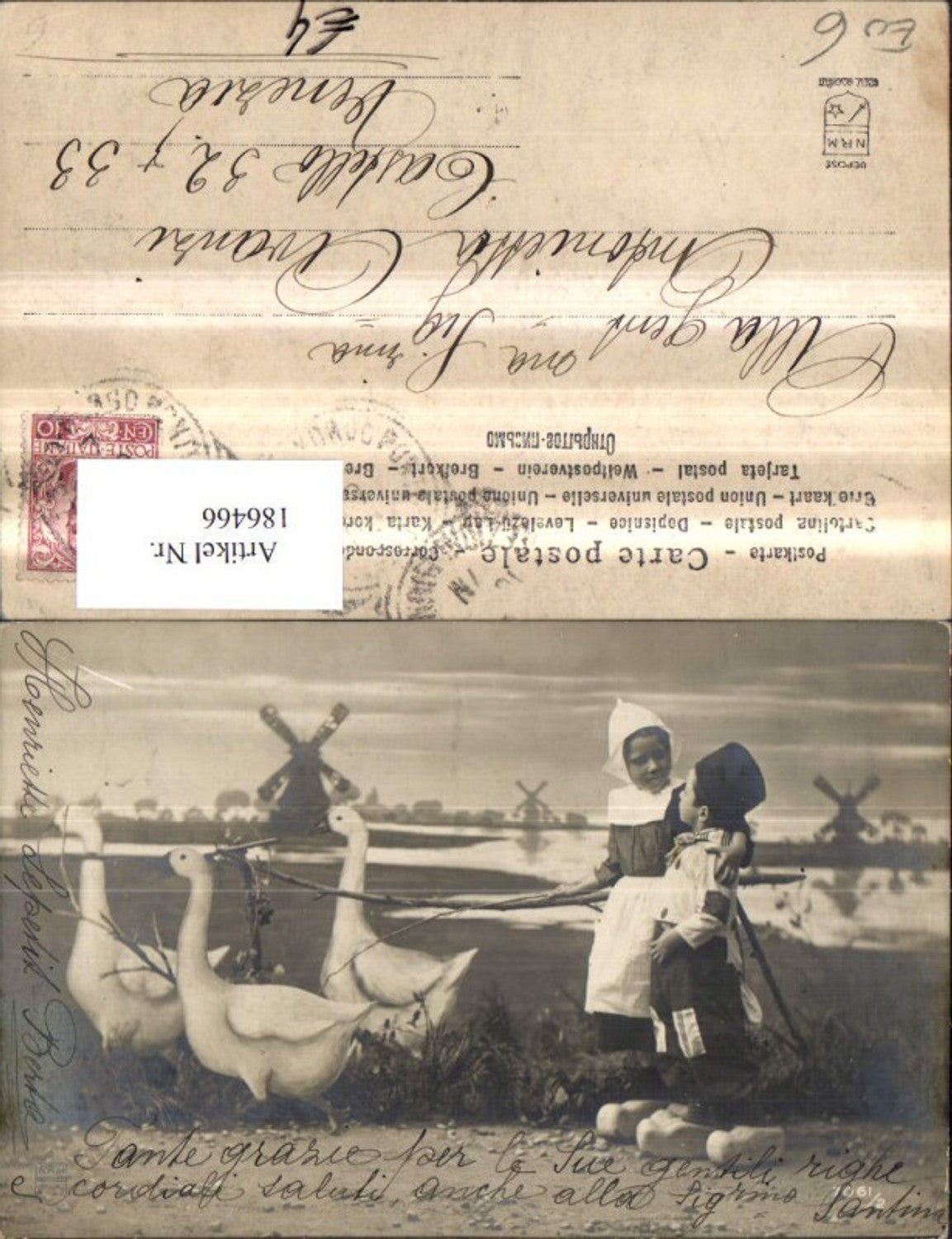 186466,Kind Kinder m. Gänsen Holland Flander Typen Windmühle Holzschuhe