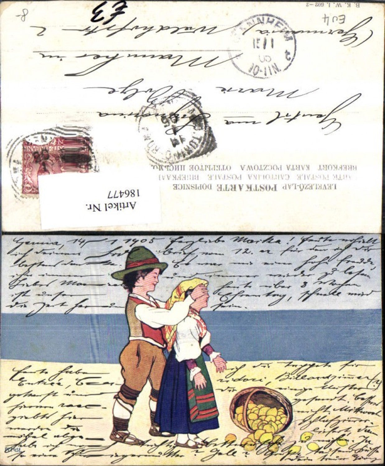 186477,Kind Mädchen Junge Augen zu  u. Korb m. Zitronen a. Strand