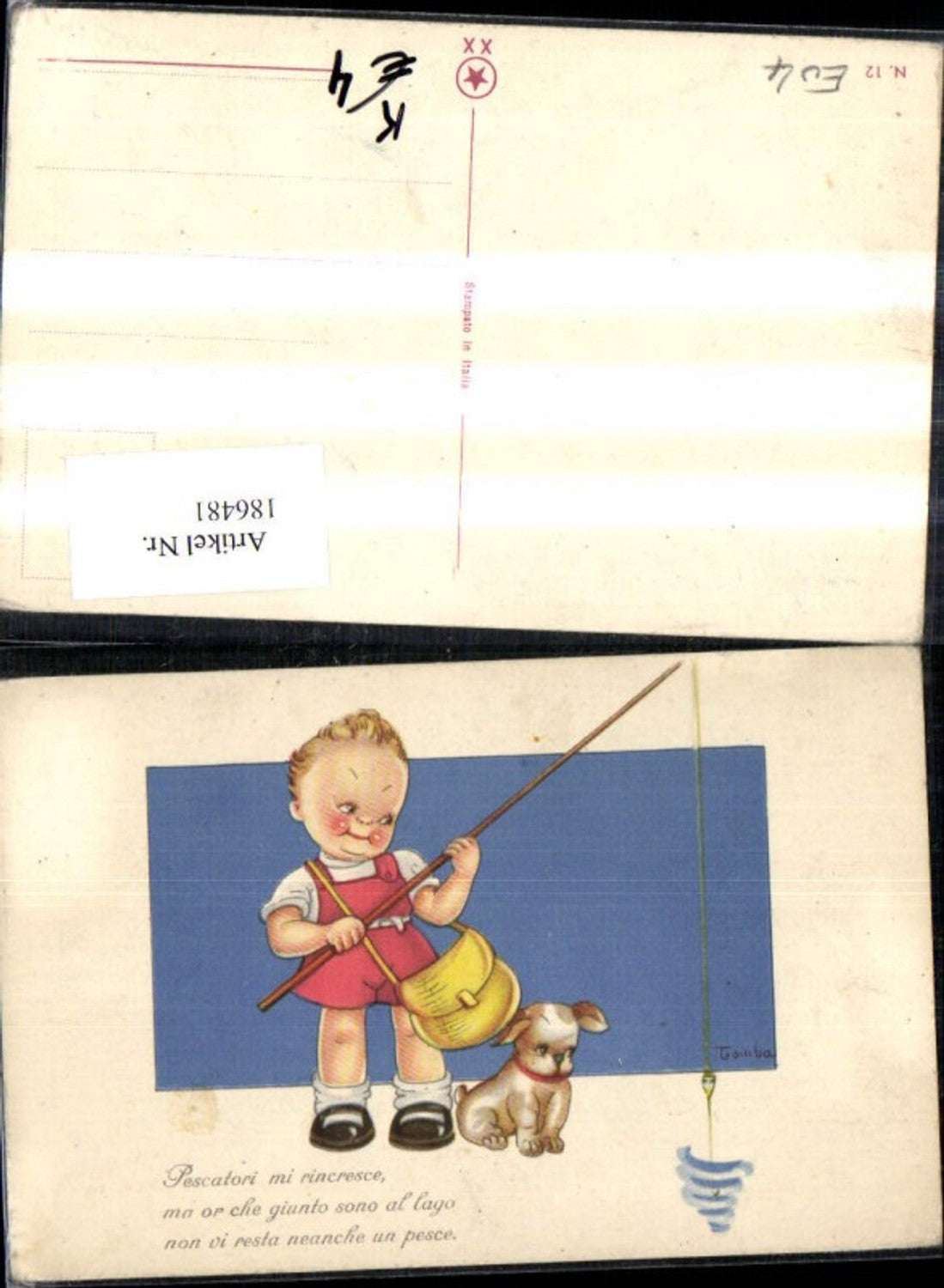 186481,Künstler Ak Tomba Kind Junge m. Hund Tasche u. Angel