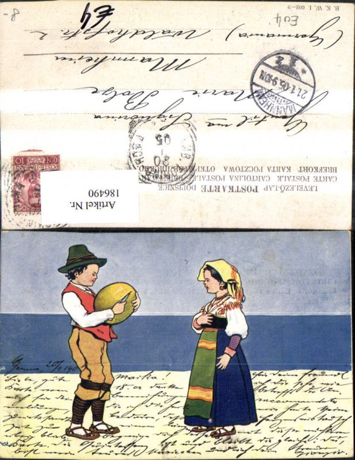 186490,Kinder a. Strand m. Melone Messer Typen Tracht
