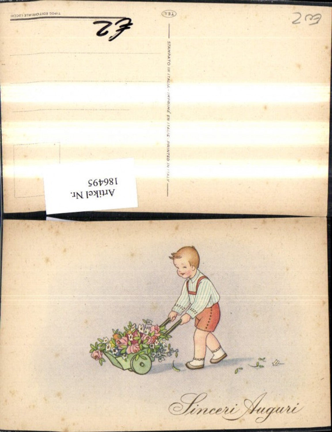 186495,Kind Junge m. Schubkarre m. Blumen Sinceri Auguri