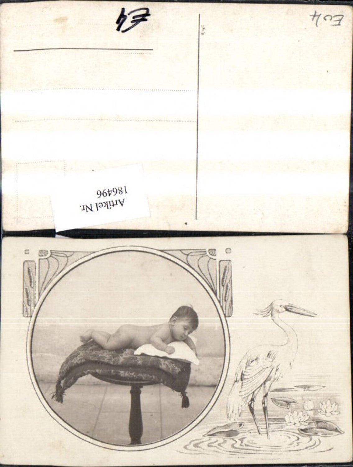 186496,Kind Baby nackt a. Tisch i. Passepartout m. Storch