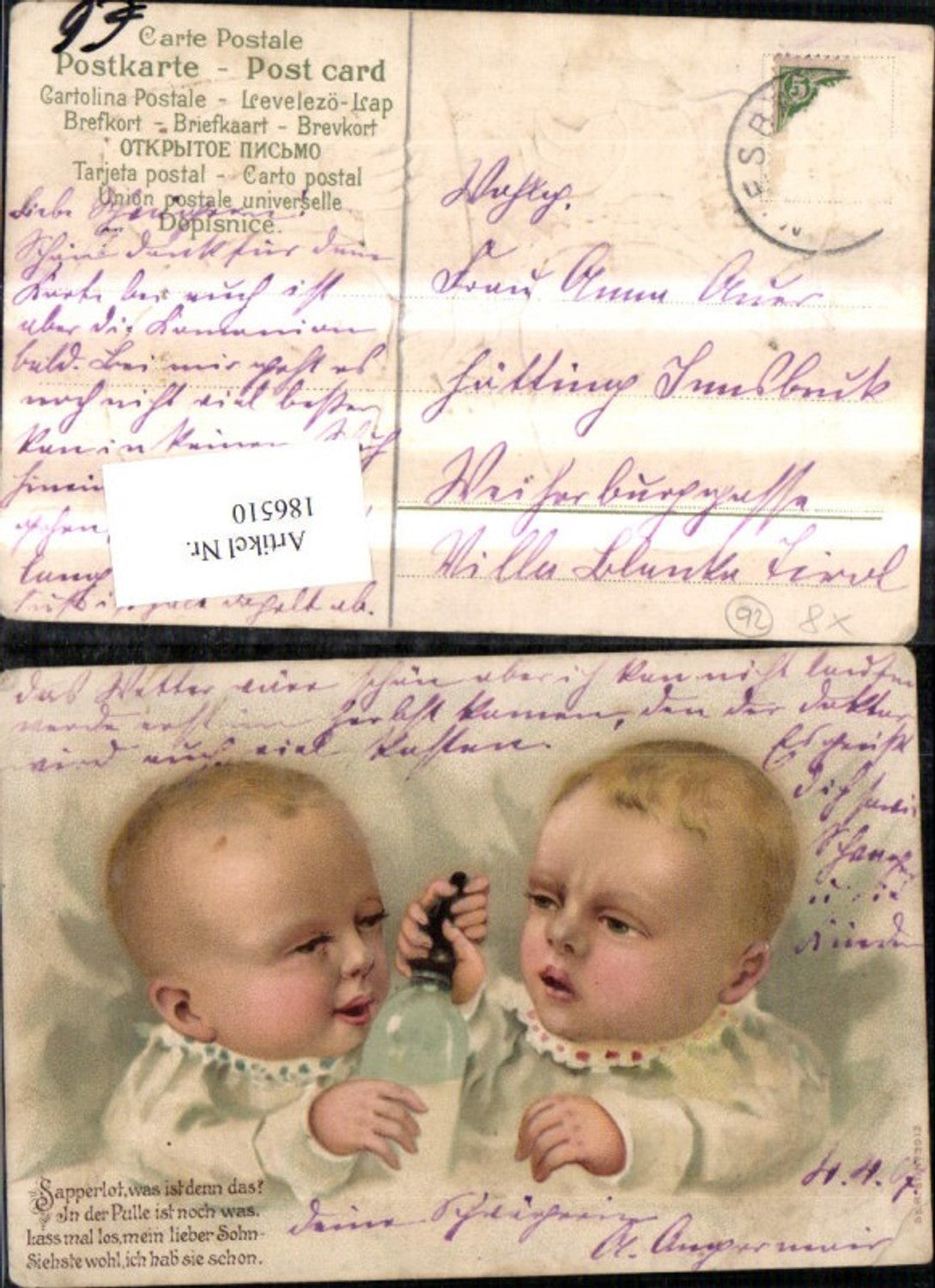 186510,Präge Ak Kind Baby Babies m. Fläschchen