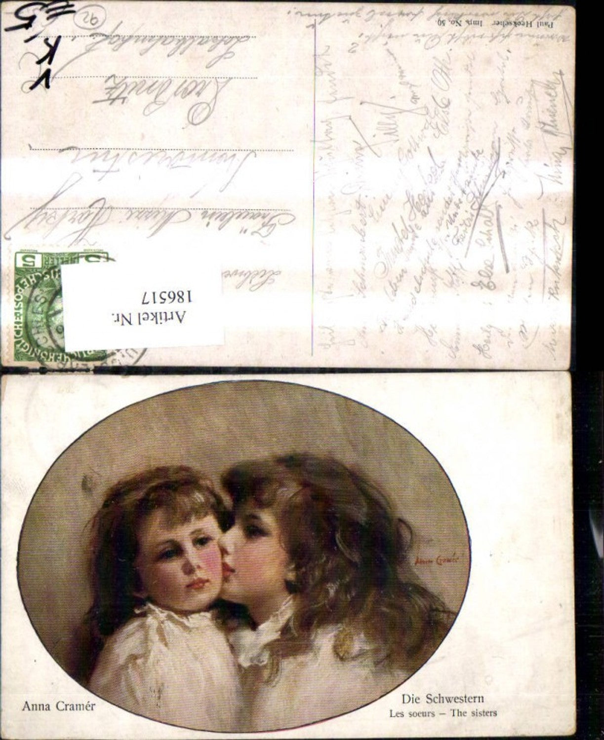 186517,Küsntler Ak Anna Cramer Kinder Mädchen Schwestern b. Wangenkuss pub Paul Heckscher