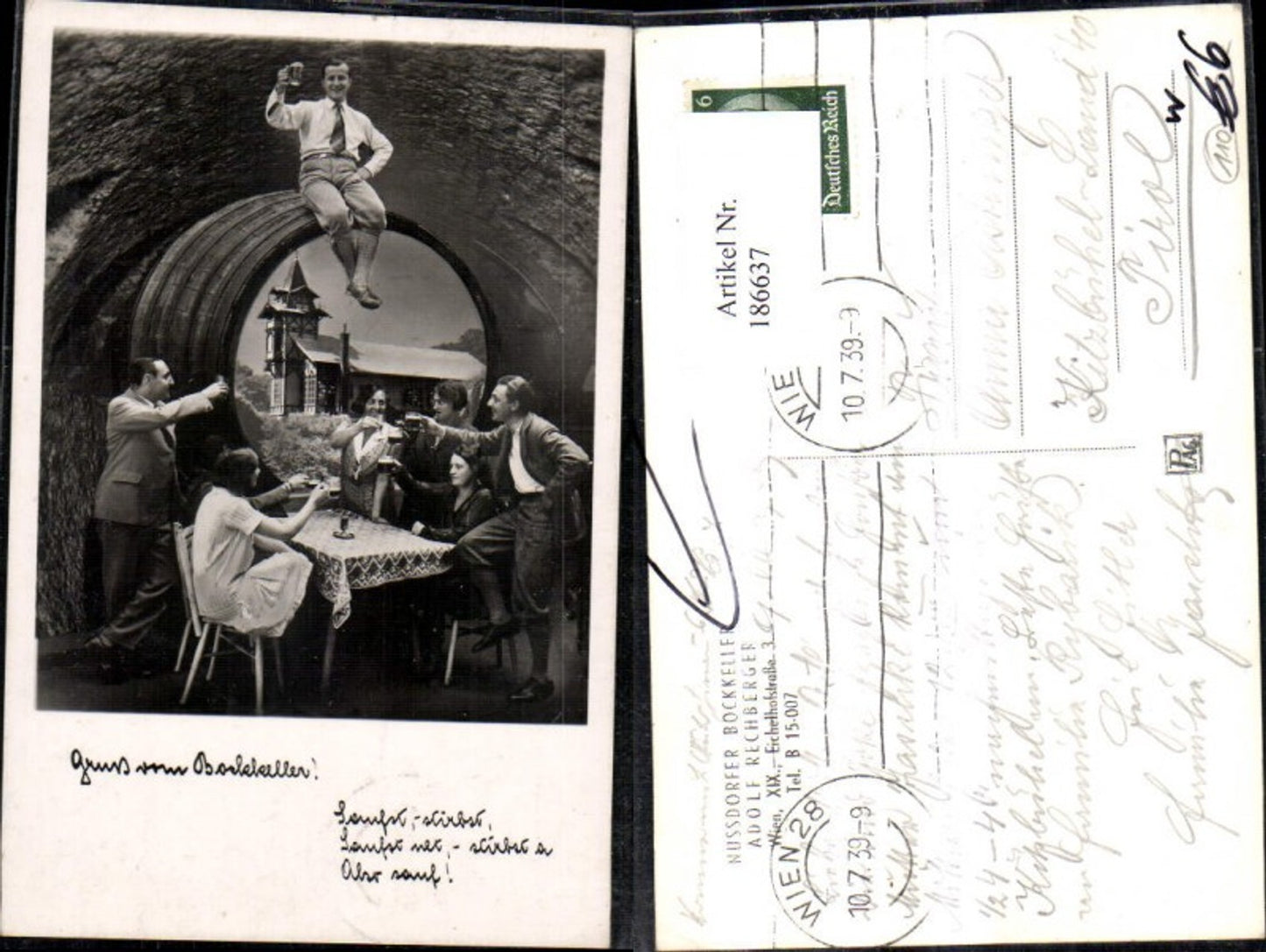 186637,Bier Gruß v. Nussdorfer Bockkeller Wien Bierfaß Fotomontage Frauen Männer Bierkrug