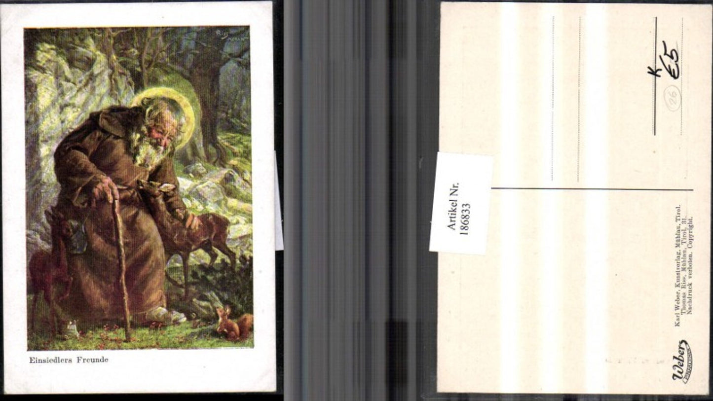 186833,Künstler AK Riss Meran Einsiedlers Frunde alter Mann m. Stock Reh Eichhörnchen