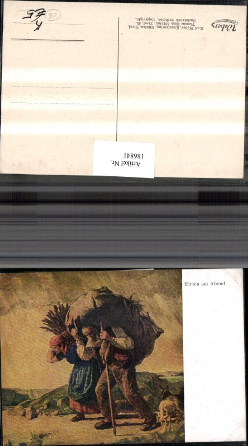 186841,Künstler AK Riss Meran Hirten am Abend Mann m. Sack u. Stock Frau m. Korb