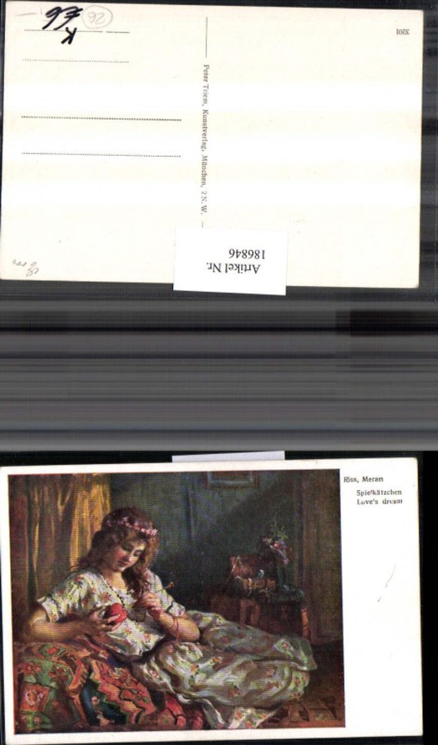186846,Künstler AK Riss Meran Spielkätzchen Frau m. Kleid