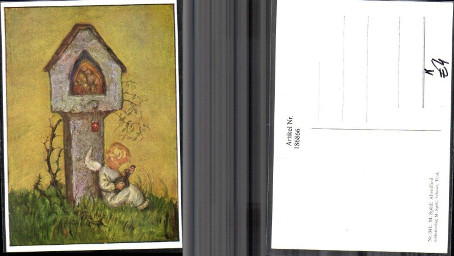 186866,Künstler AK M. Spötl Schwaz 341 Abendlied Engel m. Gitarre Andenken