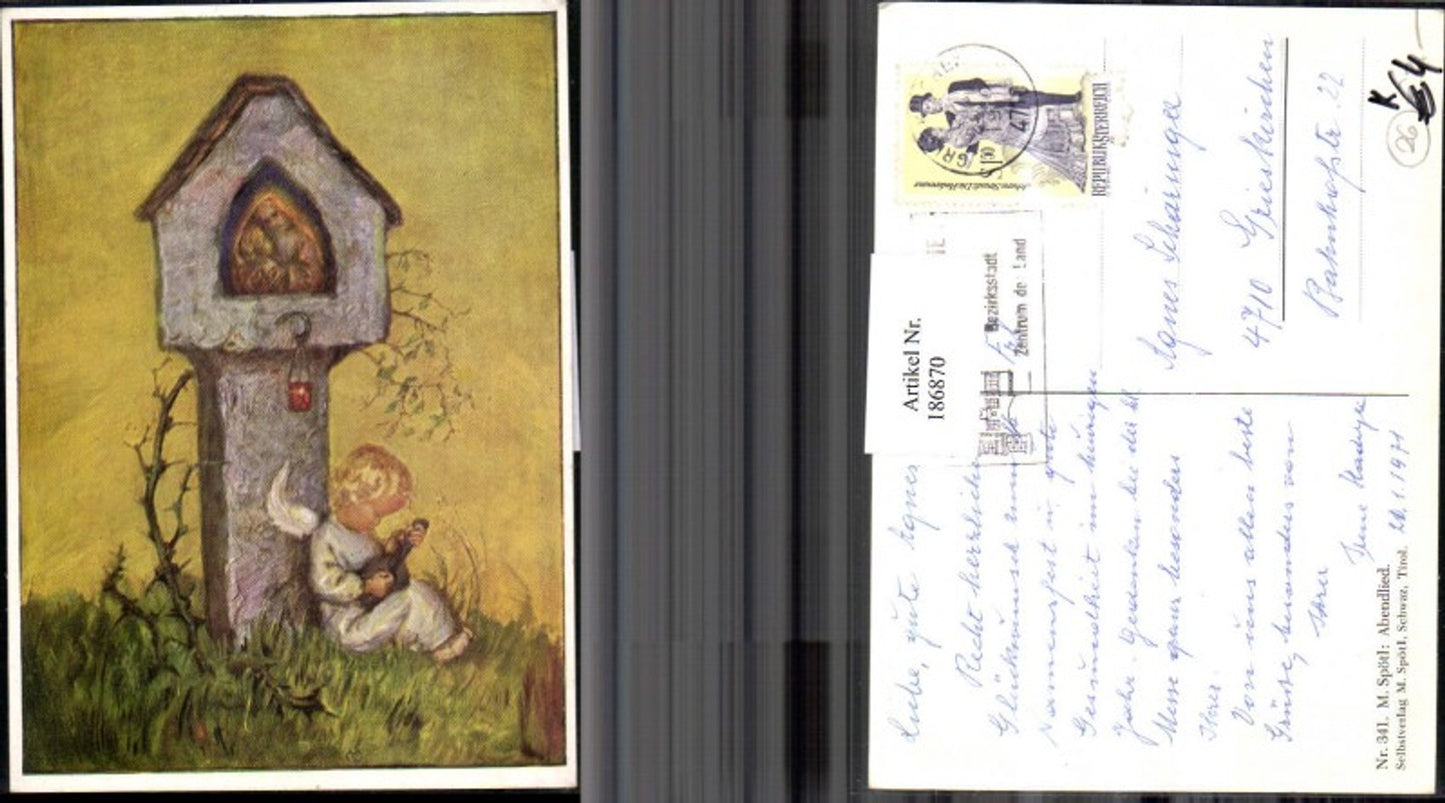 186870,Künstler AK M. Spötl Schwaz 341 Abendlied Engel m. Gitarre Andenken