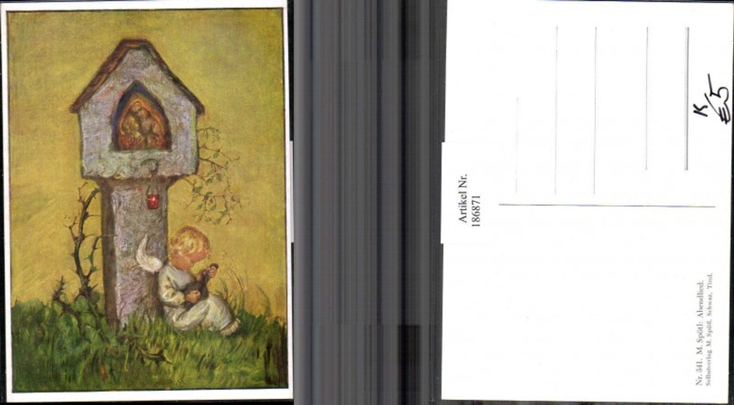 186871,Künstler AK M. Spötl Schwaz 341 Abendlied Engel m. Gitarre Andenken