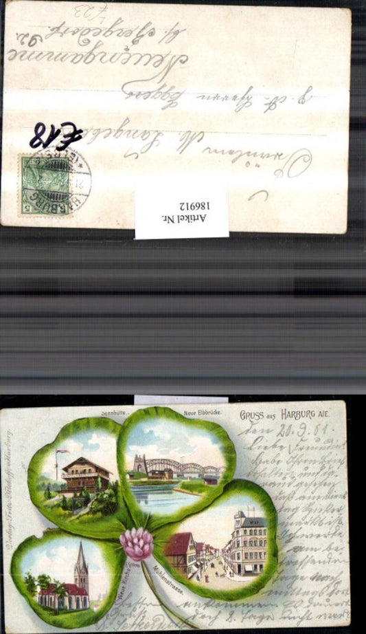 186912, Lithograph postcard Hamburg Sennhütte New Elbe Bridge Mühlenstraße New Church Multi-view postcard