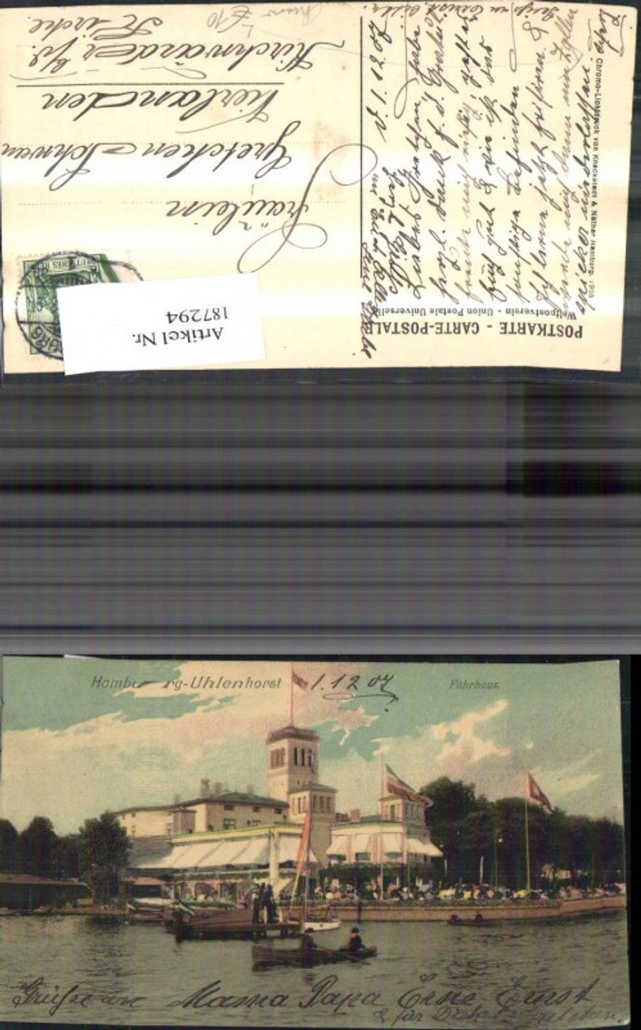 187294,Chromo Litho Hamburg Uhlenhorst Fährhaus Segelboot Ruderboot