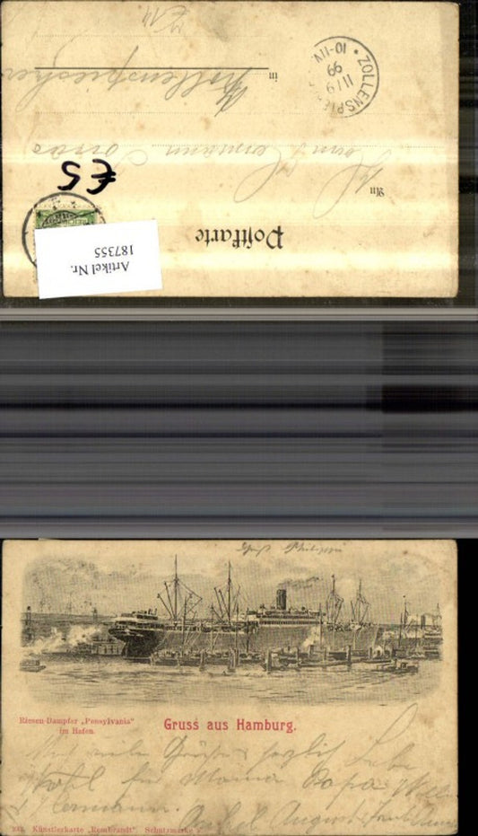 187355,Hamburg Riesen Dampfer Pensylvania i. Hafen Schiffe Dampfer Bleistiftzeichnung