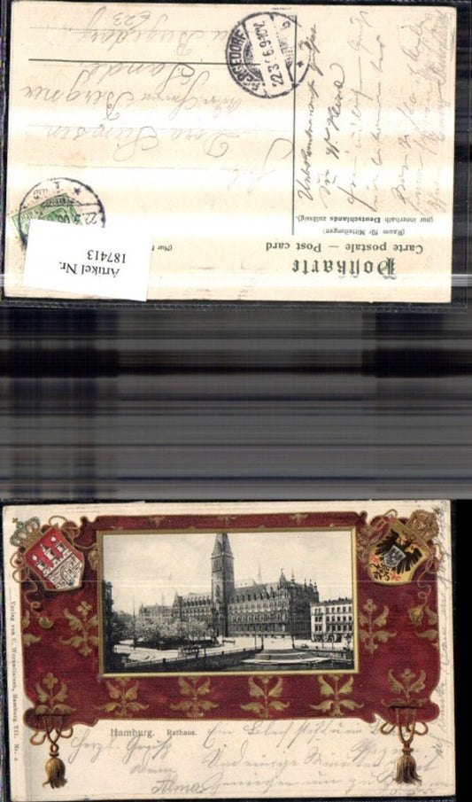 187413, Hamburg embossing postcard, town hall, passe-partout