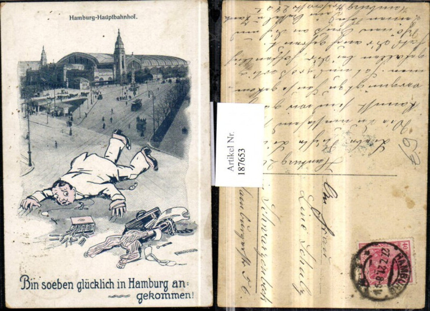 187653, Hamburg Central Station Text: Man falls with suitcase