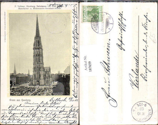 187659,Gruß aus Hamburg Nicolai Kirche m. Hopfenmarkt