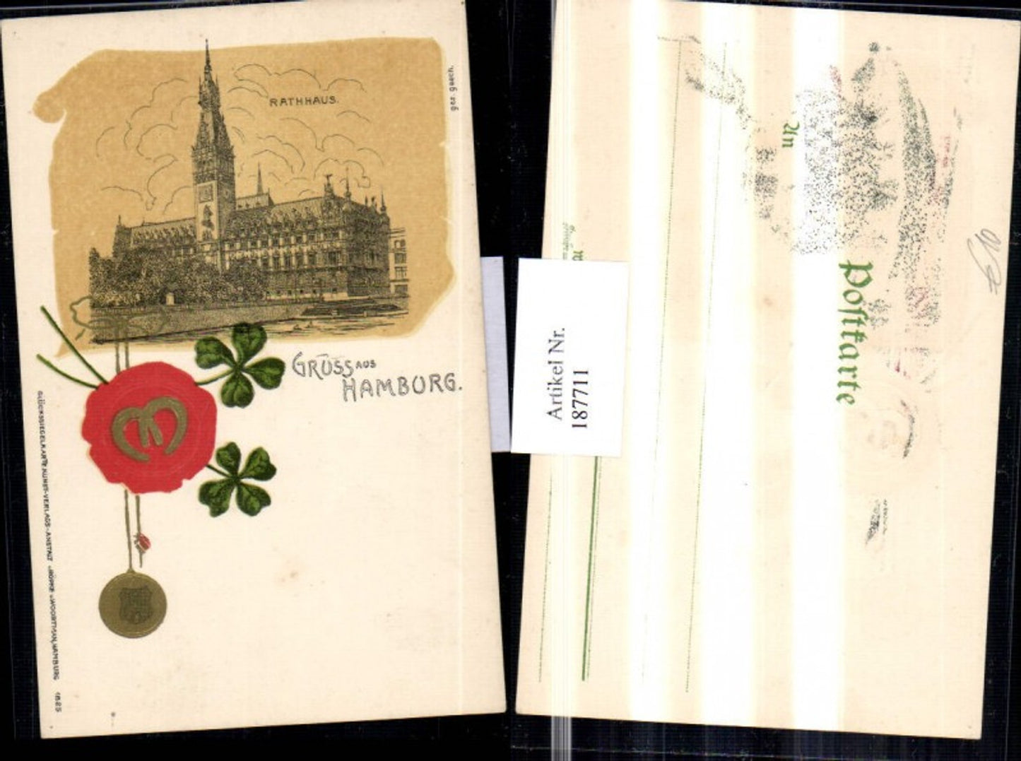 187711,Präge AK Gruß aus Hamburg Rathhaus Sigel Kleeblätter Hufeisen