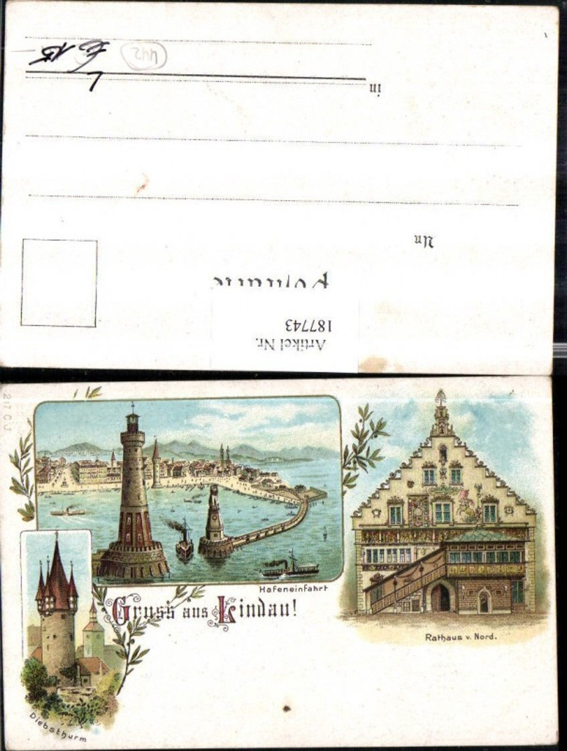 187743,Litho AK Gruß aus Lindau Hafeneinfahrt Ortsansicht Rathaus v. Nord. Diebsthurm Mehrbildkarte
