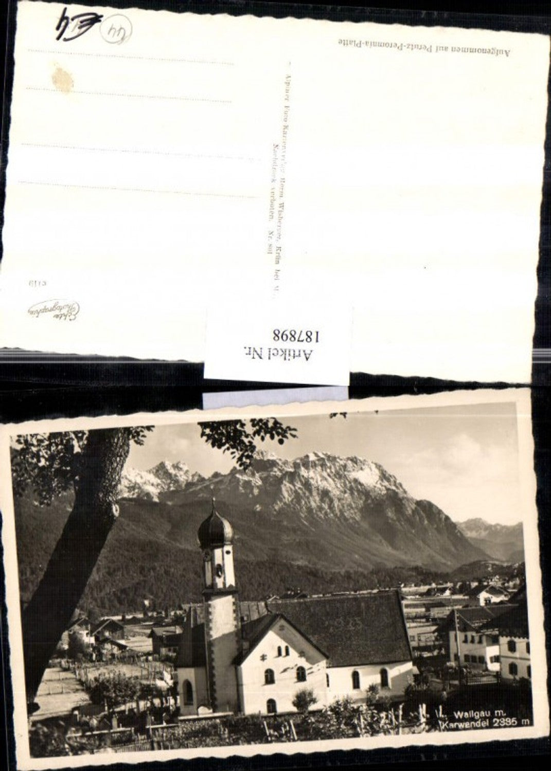 187898, Wallgau partial view of church with Karwendel mountains