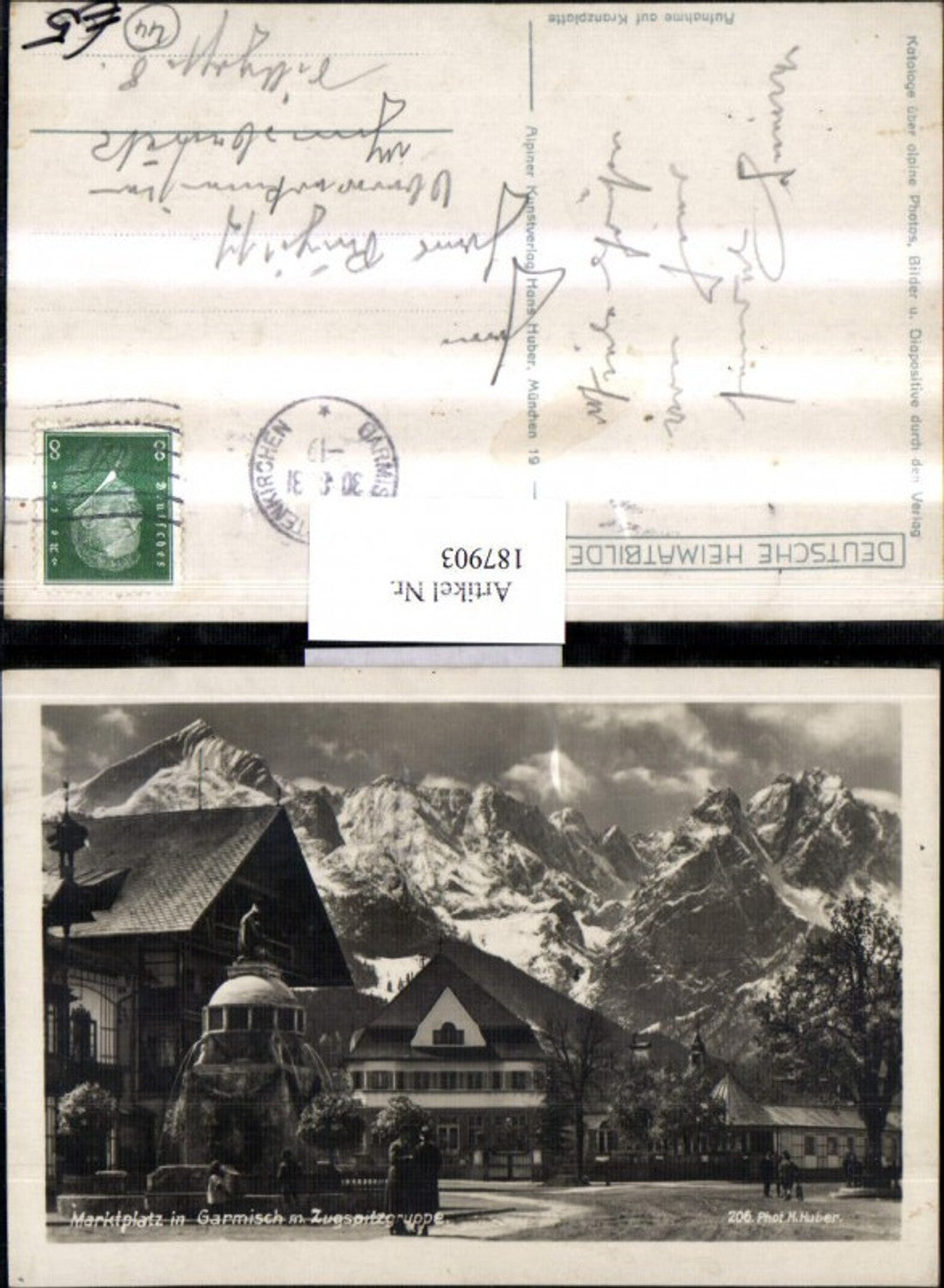 187903,Marktplatz in Garmisch m. Zugspitzengruppe Brunnen Ortsansicht