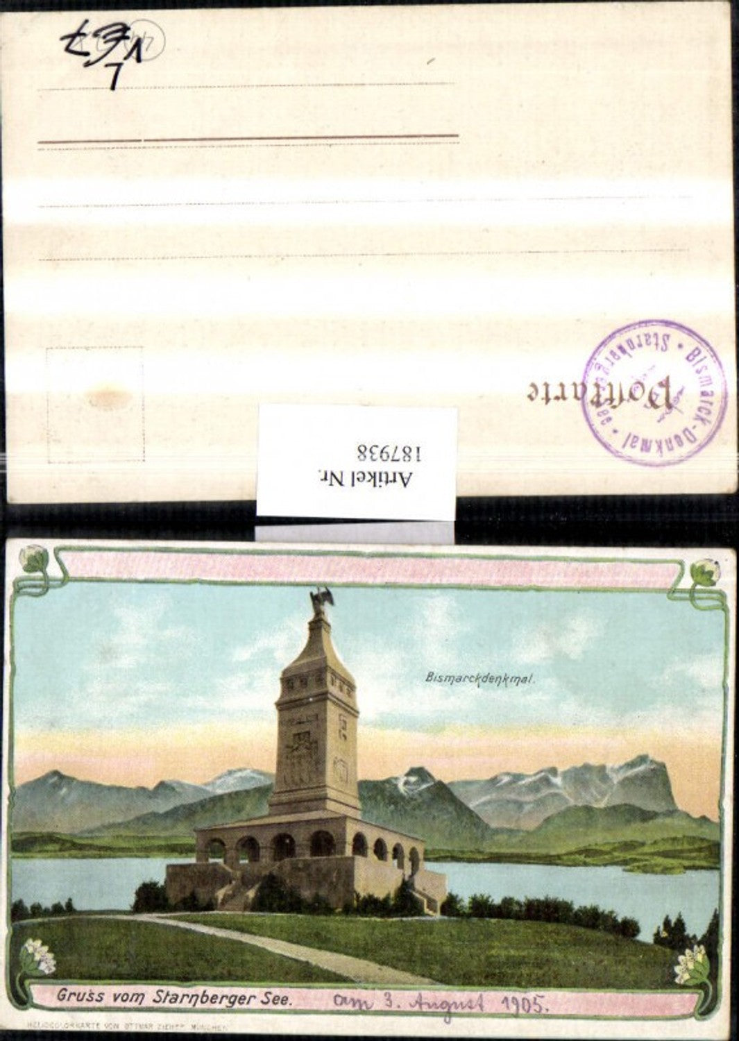 187938, Lithograph AK Greetings from Lake Starnberg Bismarck Monument Monument Ottmar Zieher
