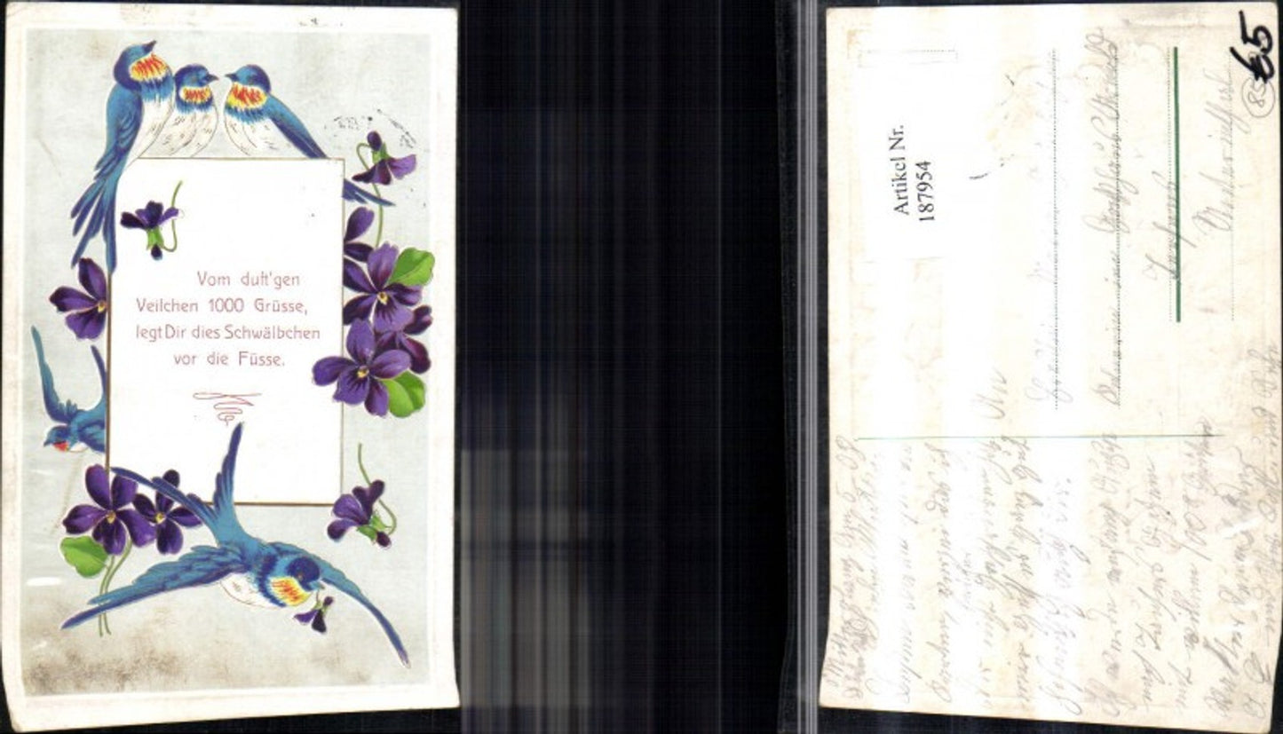 187954,Glückwunsch Präge Ak Blumen Schwalben Vögel Spruch