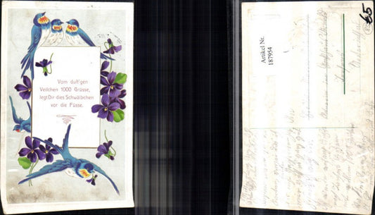 187954,Glückwunsch Präge Ak Blumen Schwalben Vögel Spruch