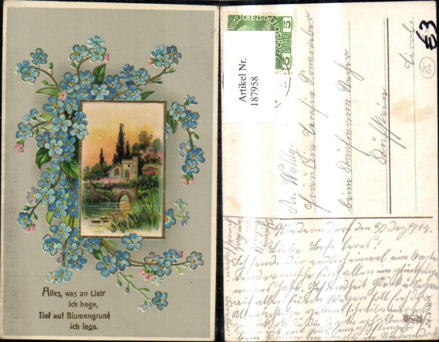 187958,Glückwunsch Landschaft i. Rahmen Blumen Goldverzierung