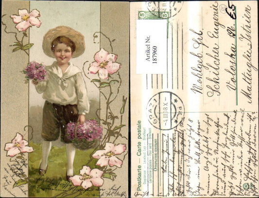 187960,Glückwunsch Präge Ak Junge m. Korb Blumen