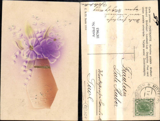 187963, Congratulations embossed postcard, flower vase, flowers, gold decoration