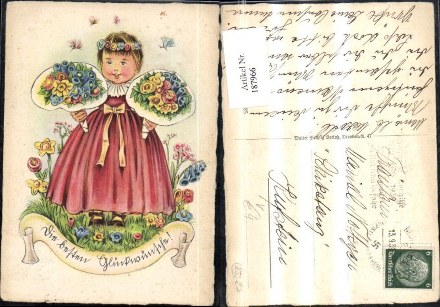 187966, Congratulations girl with bouquet of flowers, meadow, butterfly, Walter Flechsig