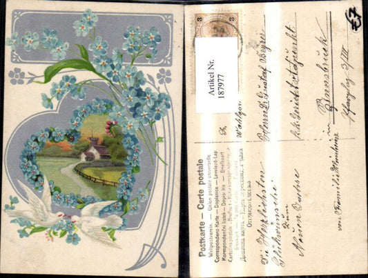 187977, Congratulations embossed postcard landscape flower heart flowers doves