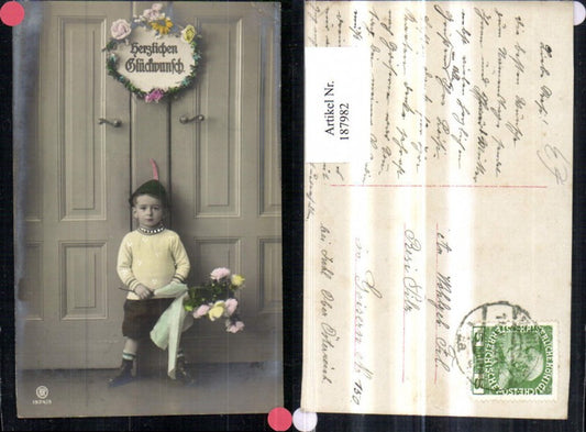 187982, Congratulations! Best wishes, young boy with bouquet of flowers