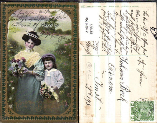187997,Glückwunsch Präge Ak Frau m. Mädchen Blumenstrauß Blumen Goldverzierung