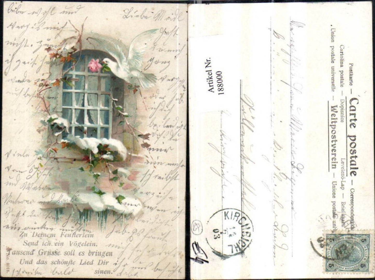 188000,Glückwunsch Fenster m. Schnee Taube Rosen Spruch