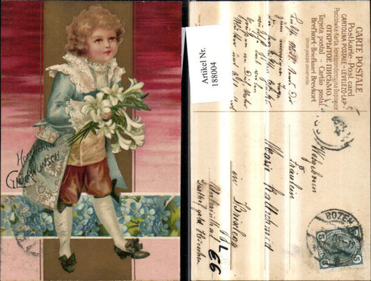 188004,Glückwunsch Litho Junge Knabe m. Blumen Lilien Goldverzierung