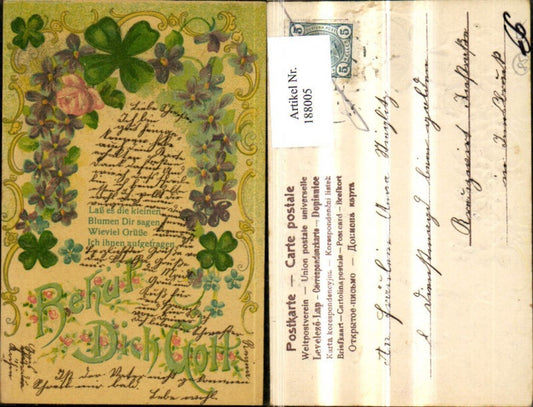 188005,Glückwunsch Präge Ak Behüt dich Gott Blumen Rosen Kleeblatt Spruch