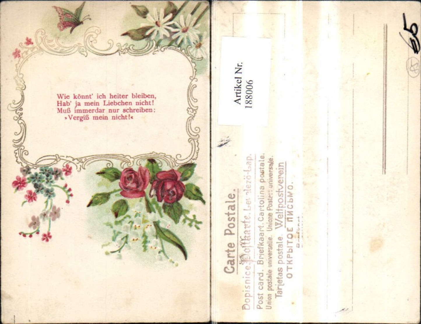 188006,Glückwunsch Präge Ak Spruch i. Rahmen Blumen Rose Schmetterling