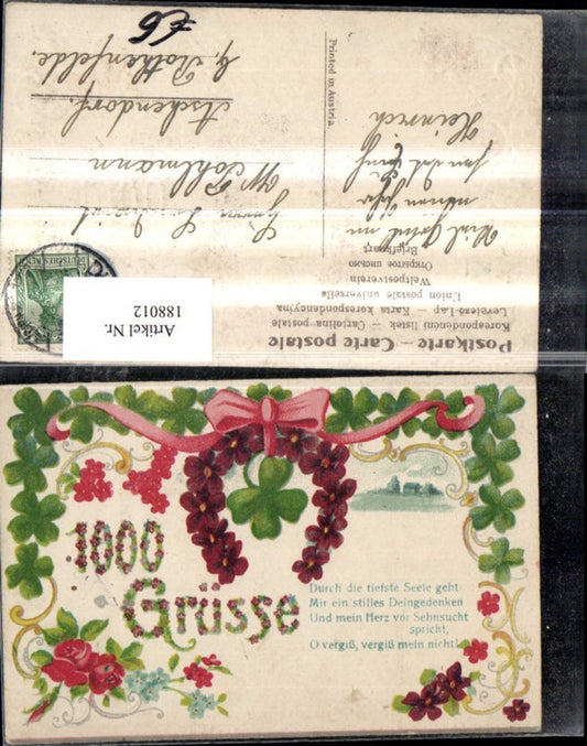 188012,Glückwunsch Präge Ak 1000 Grüße Blumenhufeisen Blumen Schleife Kleeblatt
