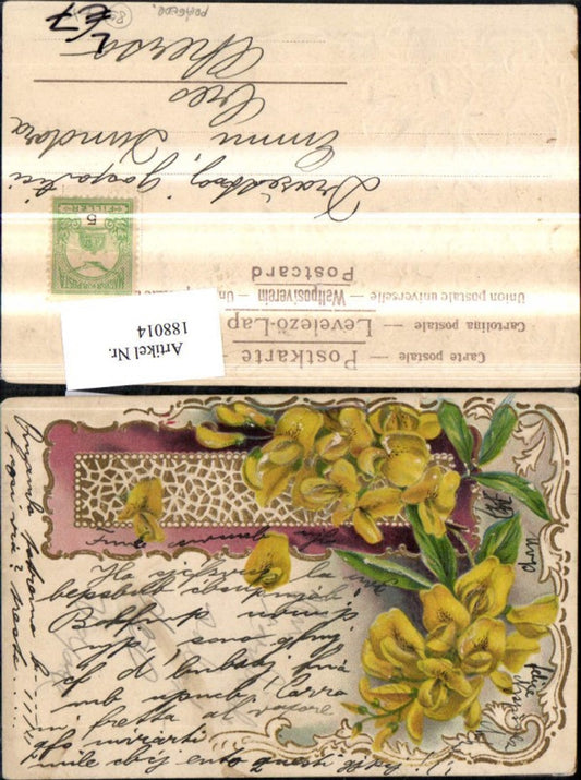 188014,Glückwunsch Präge Litho Blumen Goldverzierung