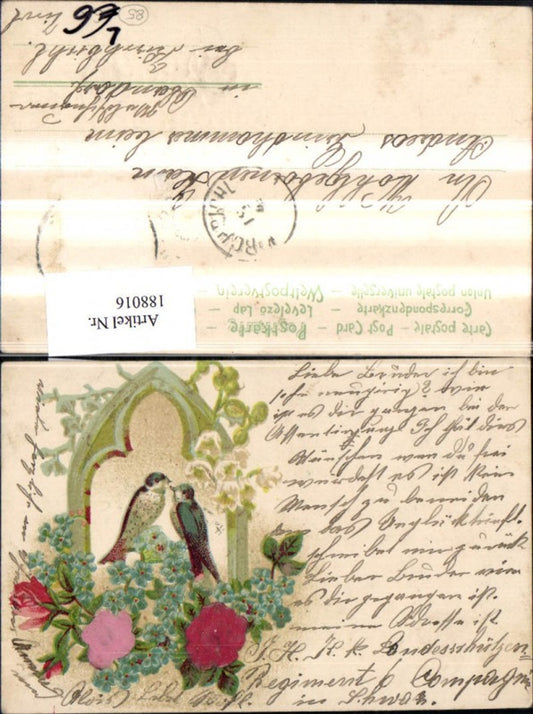 188016,Glückwunsch Präge Litho Vögel unter Fensterbogen Blumen Satin Seidenrosen