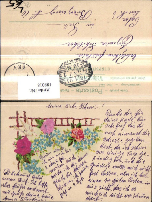 188018,Glückwunsch Präge Litho Blumen Tauben Leiter Zaun Satin Seidenrosen