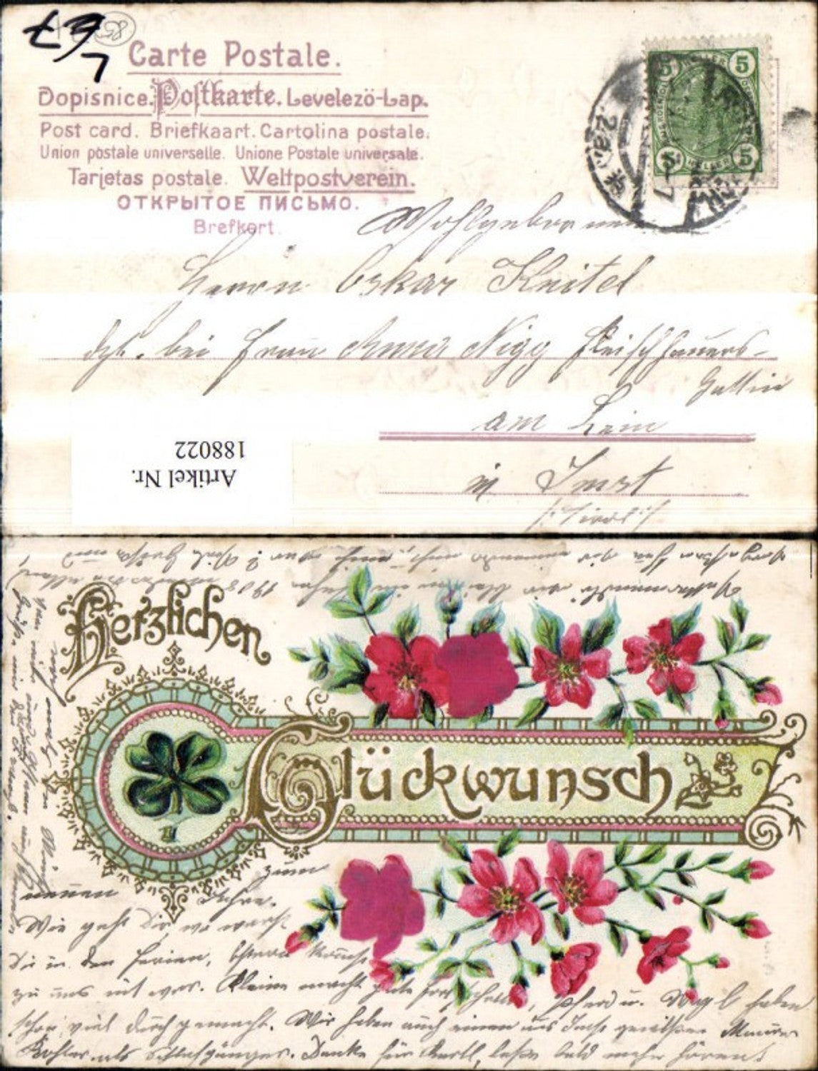 188022,Glückwunsch Präge Litho Blumen Kleeblatt Satin Seidenrosen Rosen